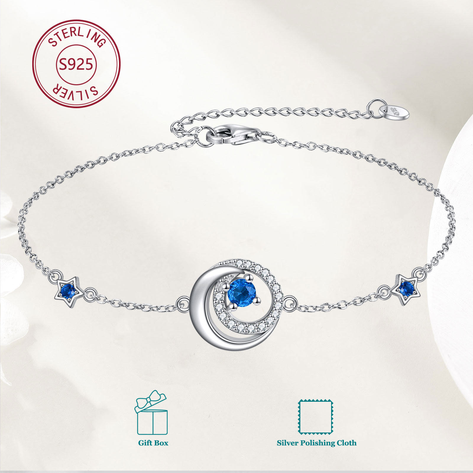 Women's 925 Sterling Silver Moon and Star Adjustable Charm Bracelet